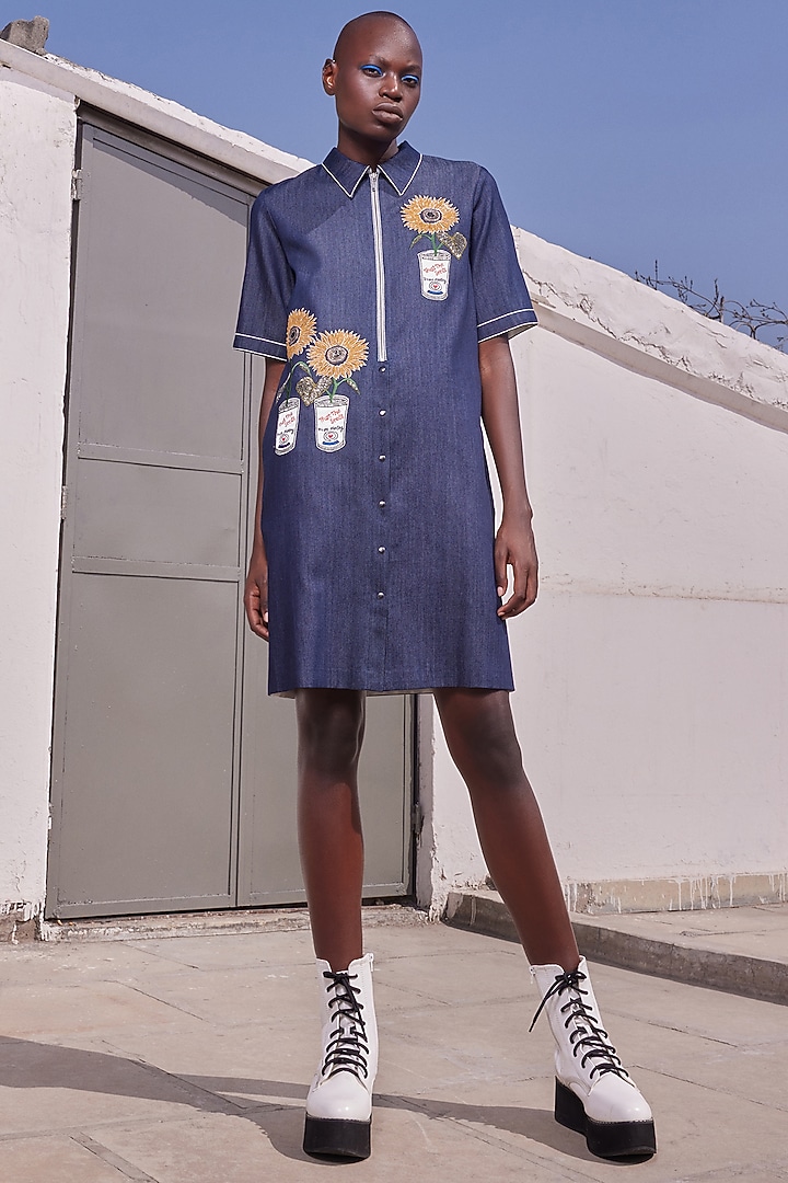 Night Blue Thin Denim Vacation Dress by Shahin Mannan at Pernia's Pop Up Shop