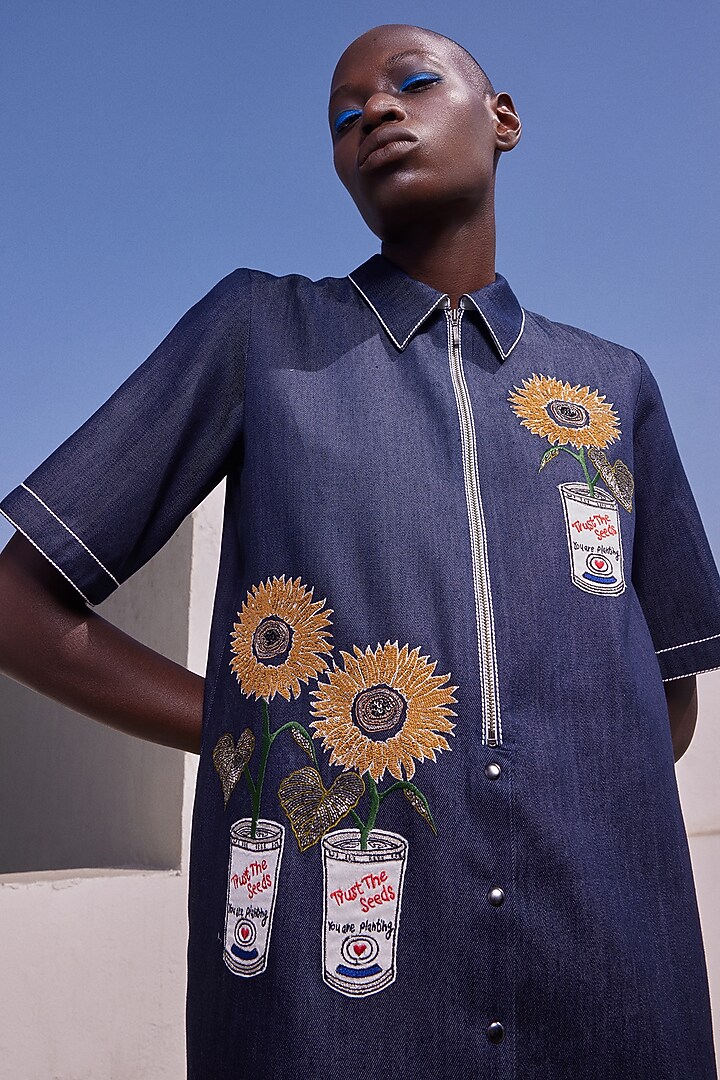 Night Blue Thin Denim Vacation Dress by Shahin Mannan at Pernia's Pop Up Shop