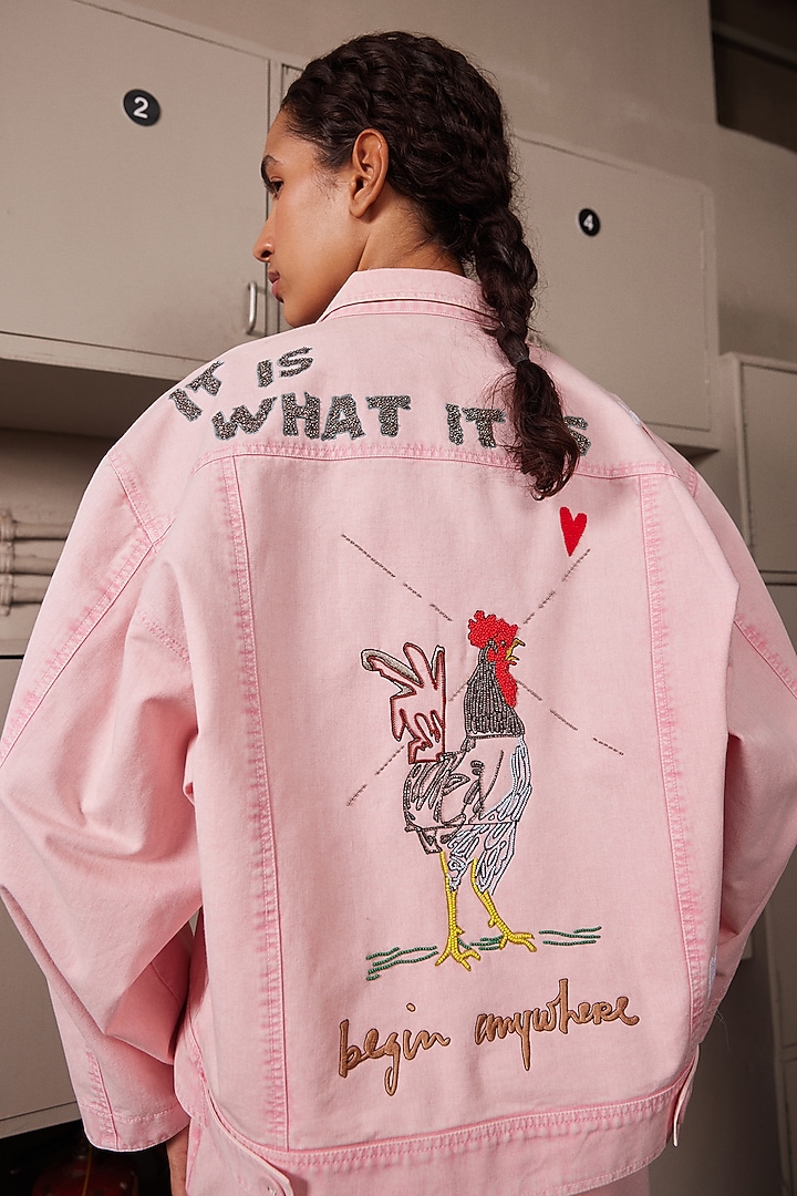 Flamingo Pink Twill Denim Oversized Jacket by Shahin Mannan at Pernia's Pop Up Shop
