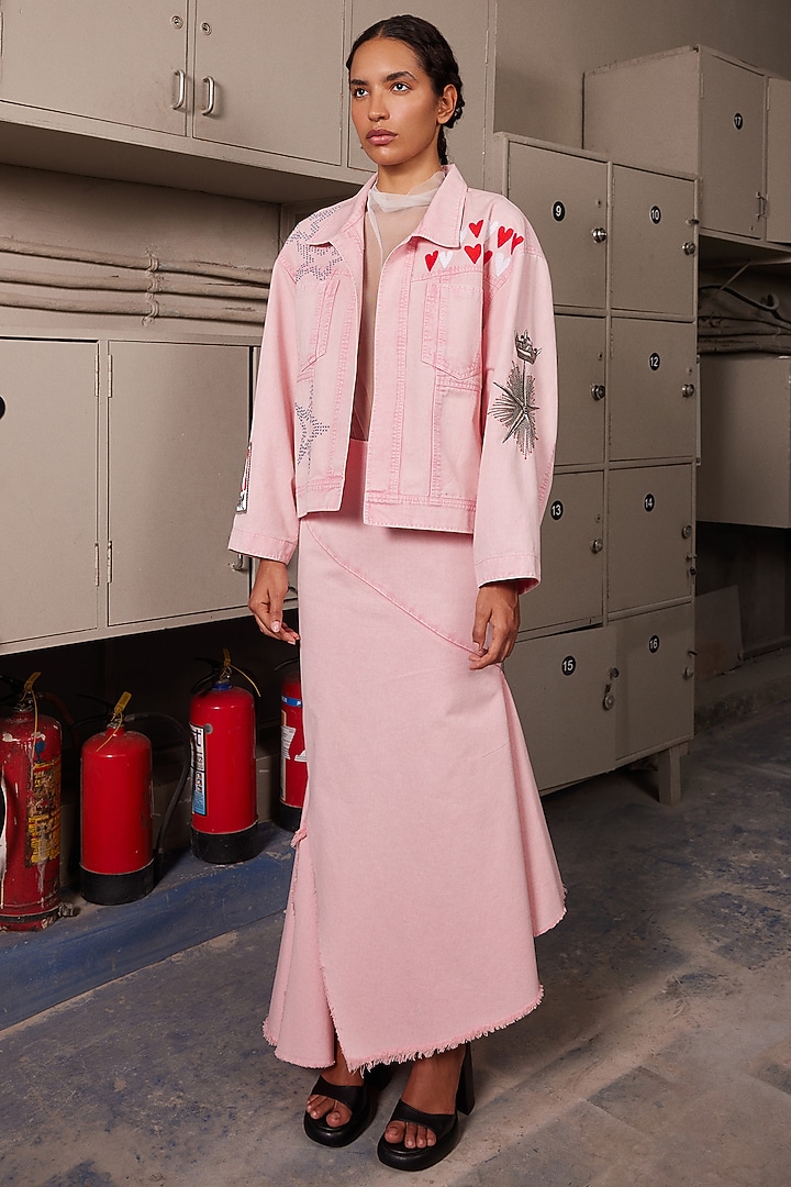 Flamingo Pink Twill Denim Asymmetric Skirt by Shahin Mannan at Pernia's Pop Up Shop
