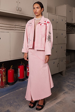Flamingo Pink Twill Denim Asymmetric Skirt by Shahin Mannan