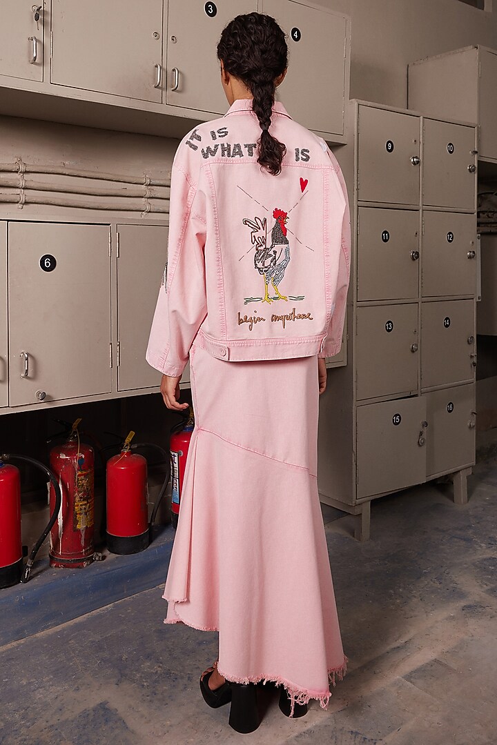 Flamingo Pink Twill Denim Asymmetric Skirt by Shahin Mannan at Pernia's Pop Up Shop