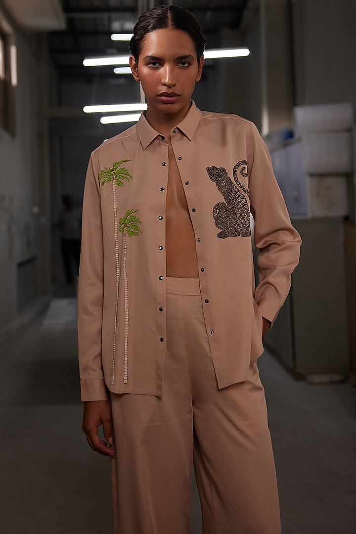 Warm Sand-Colored Tencel Twill High-Low Shirt by Shahin Mannan at Pernia's Pop Up Shop
