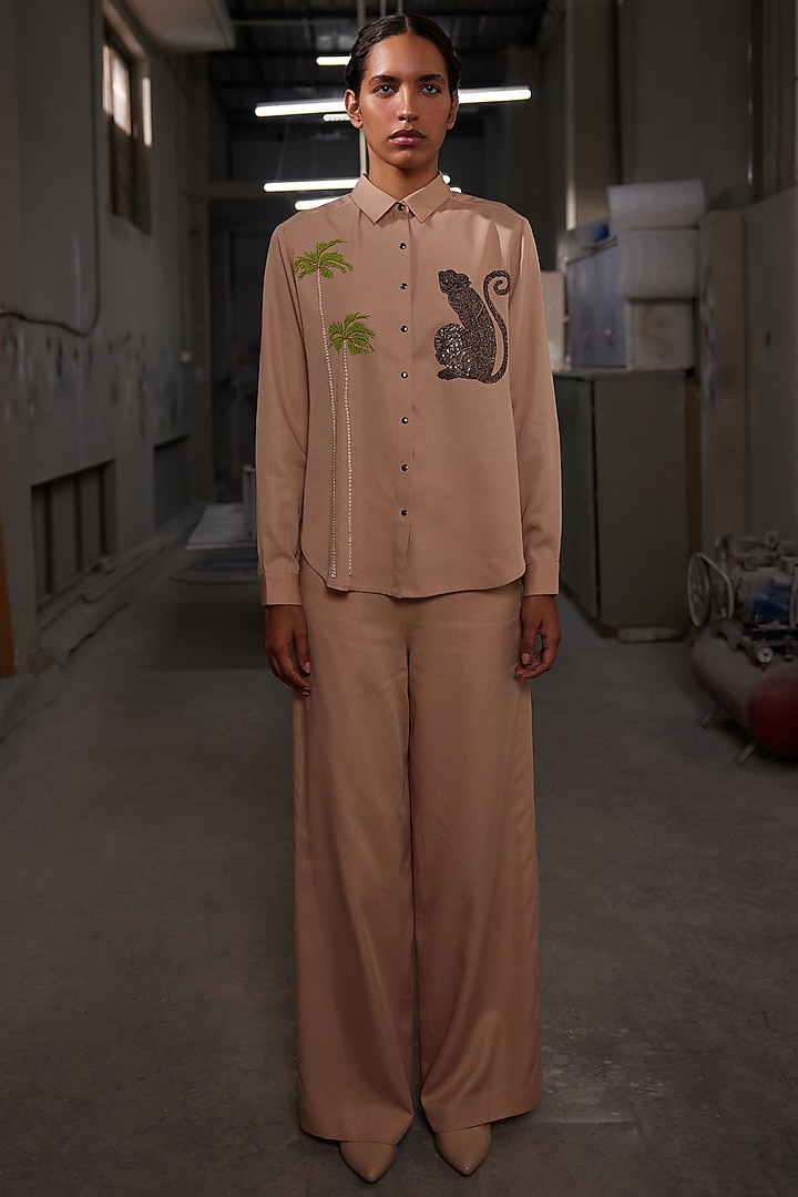 Warm Sand-Colored Tencel Twill High-Low Shirt by Shahin Mannan at Pernia's Pop Up Shop
