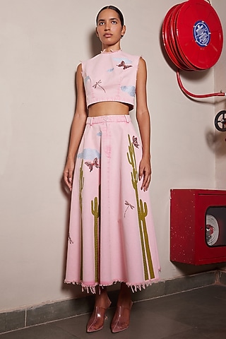 Flamingo Pink Twill Denim Skirt Set by Shahin Mannan