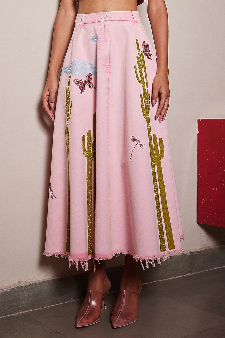 Flamingo Pink Twill Denim Skirt Set by Shahin Mannan at Pernia's Pop Up Shop
