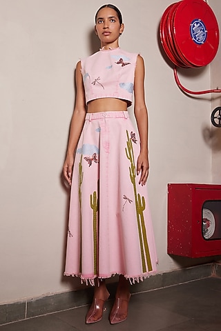Flamingo Pink Twill Denim Crop Top by Shahin Mannan