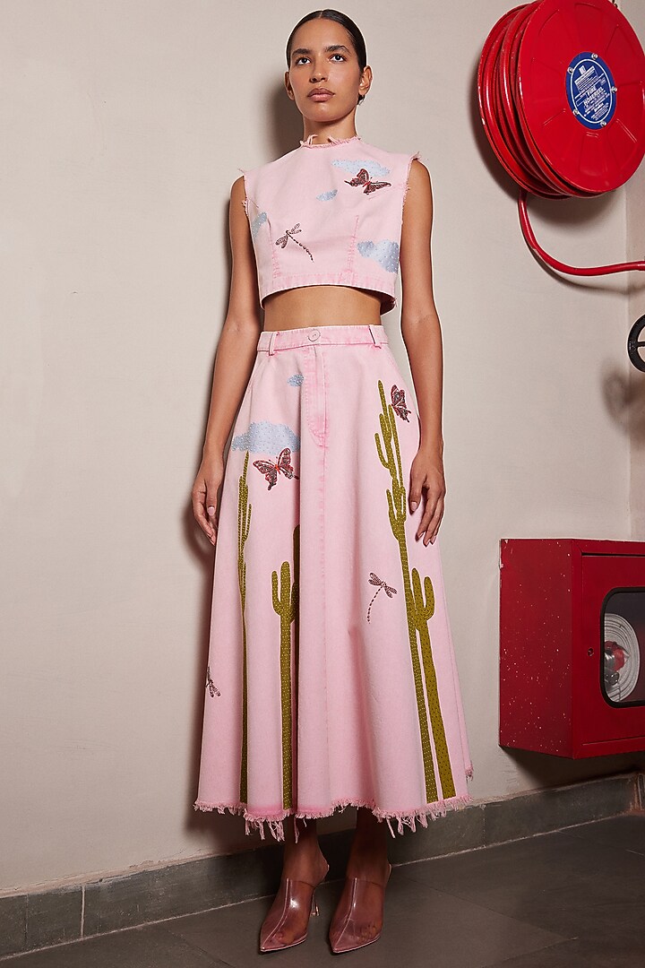Flamingo Pink Twill Denim Tiered Skirt by Shahin Mannan at Pernia's Pop Up Shop