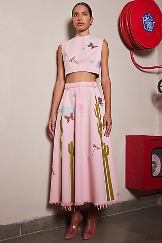 Flamingo Pink Twill Denim Tiered Skirt by Shahin Mannan
