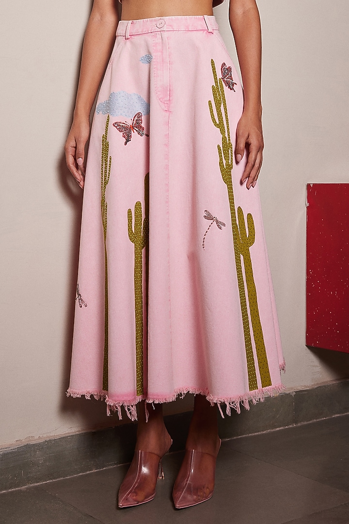 Flamingo Pink Twill Denim Tiered Skirt by Shahin Mannan at Pernia's Pop Up Shop