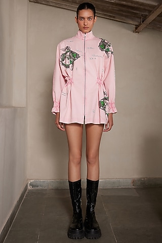 Flamingo Pink Twill Denim Jacket Dress by Shahin Mannan