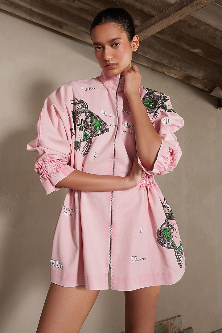 Flamingo Pink Twill Denim Jacket Cocktail Dress by Shahin Mannan at Pernia's Pop Up Shop