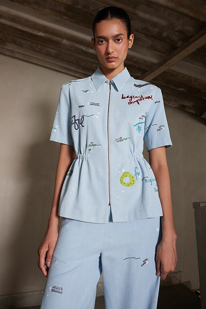 Light Blue Washed Denim Drawstring Top by Shahin Mannan at Pernia's Pop Up Shop