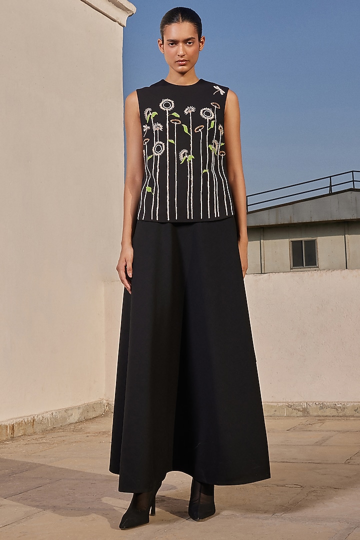 Black Scuba Crepe Circular Skirt Set by Shahin Mannan at Pernia's Pop Up Shop