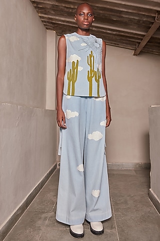 Light Blue Washed Denim Flared Pants by Shahin Mannan