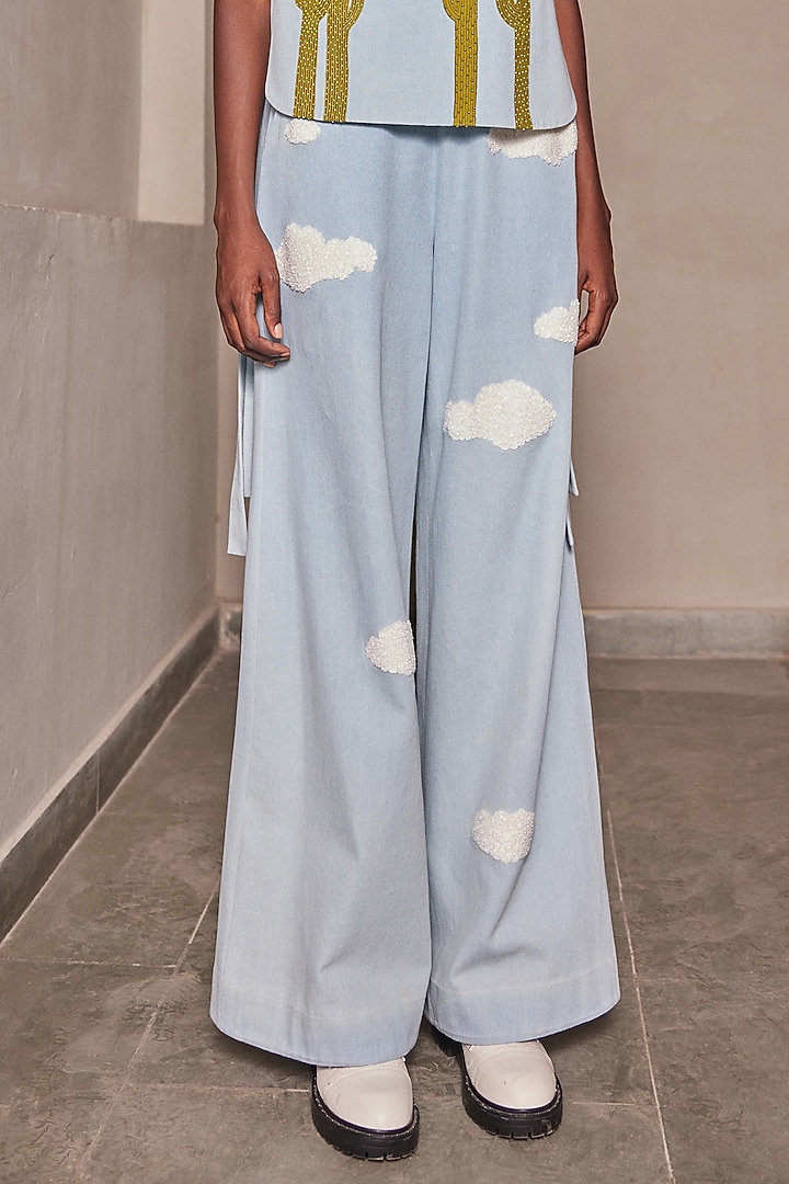 Light Blue Washed Denim Flared Pants by Shahin Mannan at Pernia's Pop Up Shop