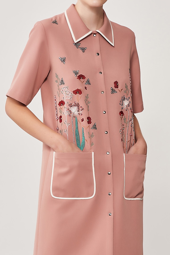 Old Rose Crepe Embroidered Vacation Dress by Shahin Mannan at Pernia's Pop Up Shop