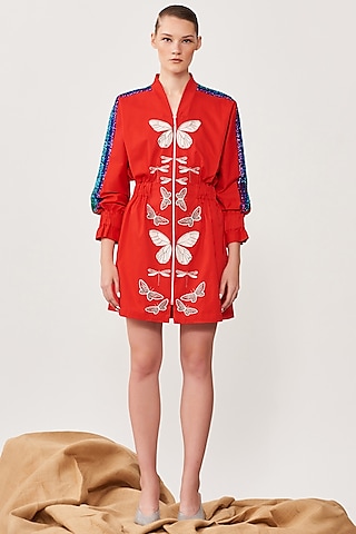 Red Gabardine Mini Jacket Dress by Shahin Mannan