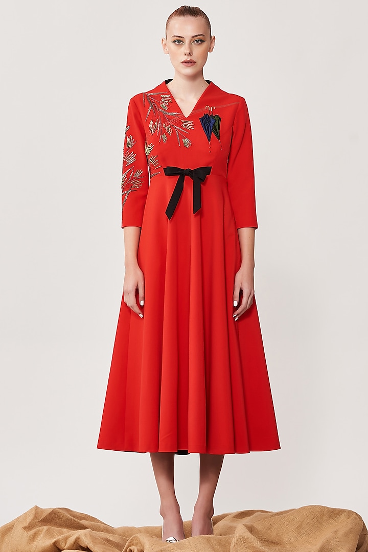 Red Crepe Embroidered Midi Dress by Shahin Mannan