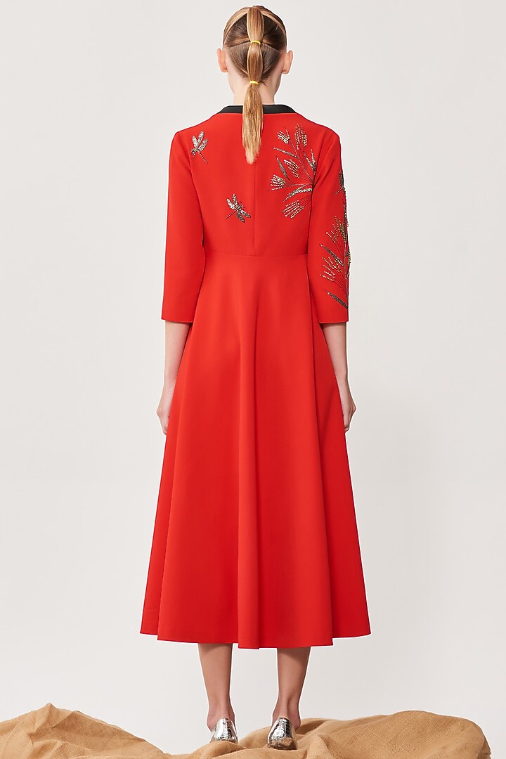 Red Crepe Embroidered Midi Cocktail Dress by Shahin Mannan at Pernia's Pop Up Shop