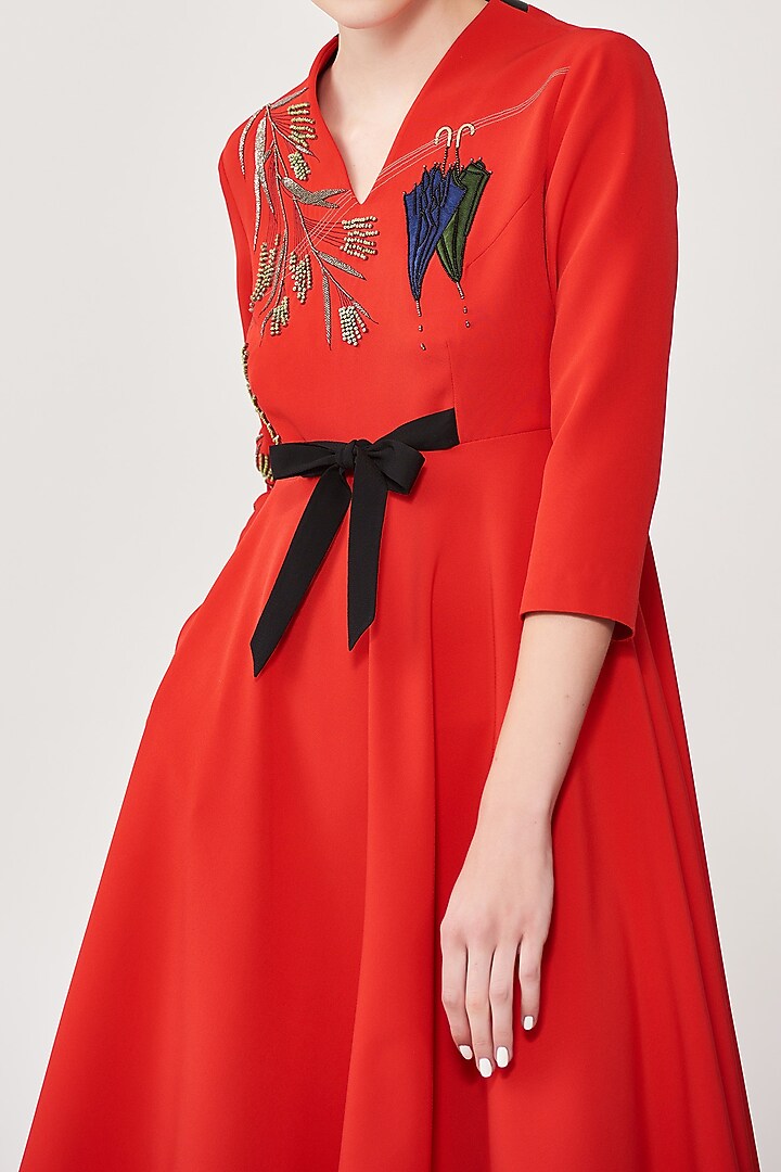 Red Crepe Embroidered Midi Cocktail Dress by Shahin Mannan at Pernia's Pop Up Shop