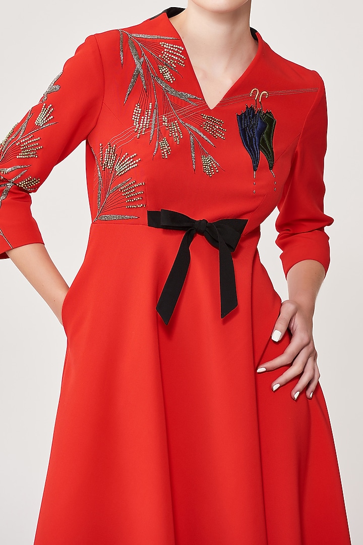 Red Crepe Embroidered Midi Cocktail Dress by Shahin Mannan at Pernia's Pop Up Shop