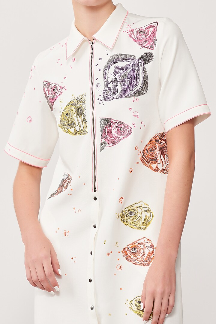 Ivory Crepe Embroidered Vacation Dress by Shahin Mannan at Pernia's Pop Up Shop