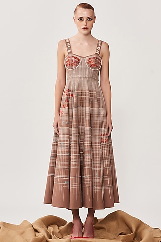 Beige Crepe Embroidered Corset Dress by Shahin Mannan