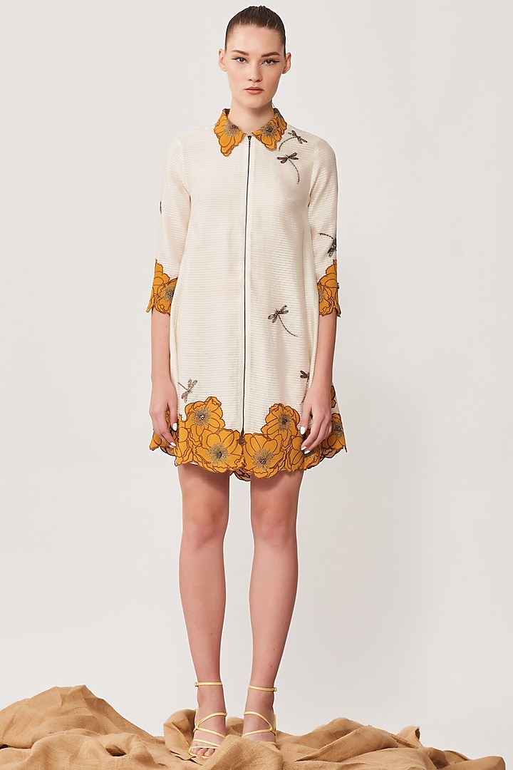 Ivory Embroidered Shirt Dress by Shahin Mannan