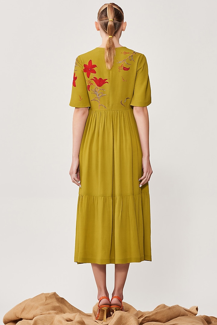 Pickle Green Viscose Crepe Midi Cocktail Dress by Shahin Mannan at Pernia's Pop Up Shop