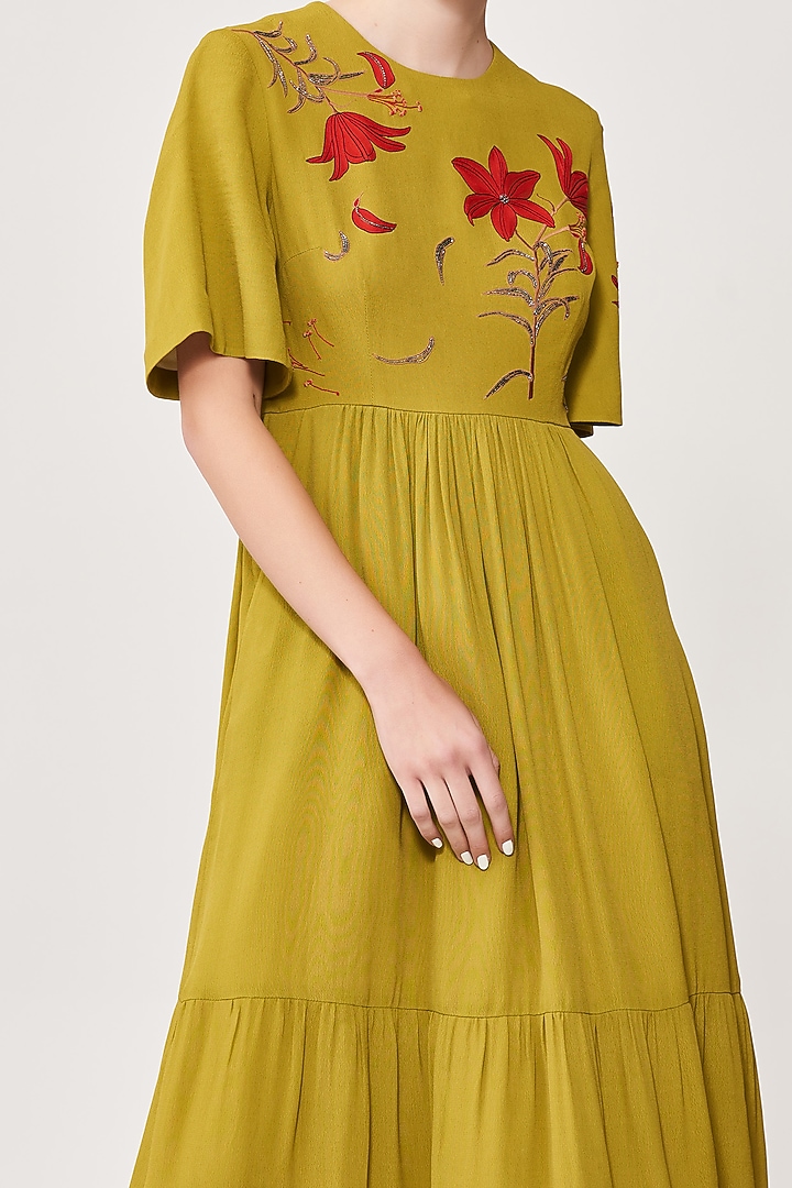 Pickle Green Viscose Crepe Midi Cocktail Dress by Shahin Mannan at Pernia's Pop Up Shop