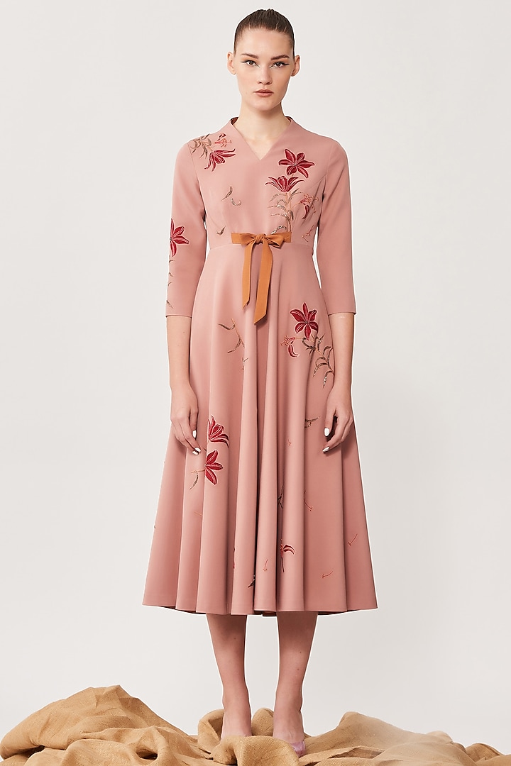 Old Rose Double Crepe Midi Dress by Shahin Mannan