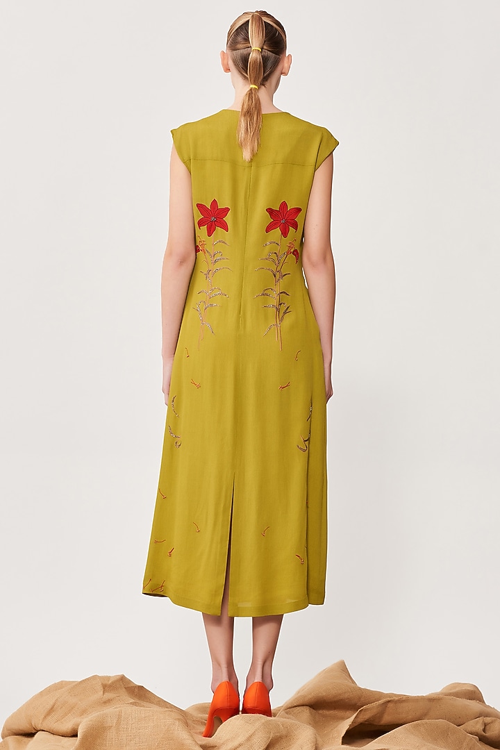 Pickle Green Crepe Gathered Midi Cocktail Dress by Shahin Mannan at Pernia's Pop Up Shop