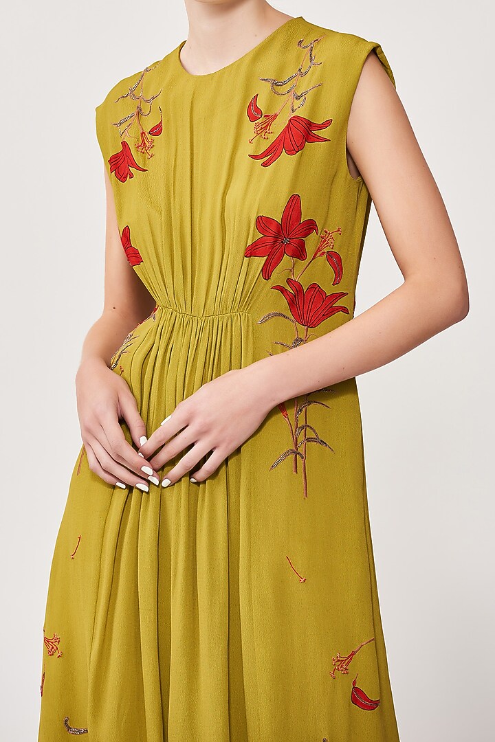Pickle Green Crepe Gathered Midi Cocktail Dress by Shahin Mannan at Pernia's Pop Up Shop