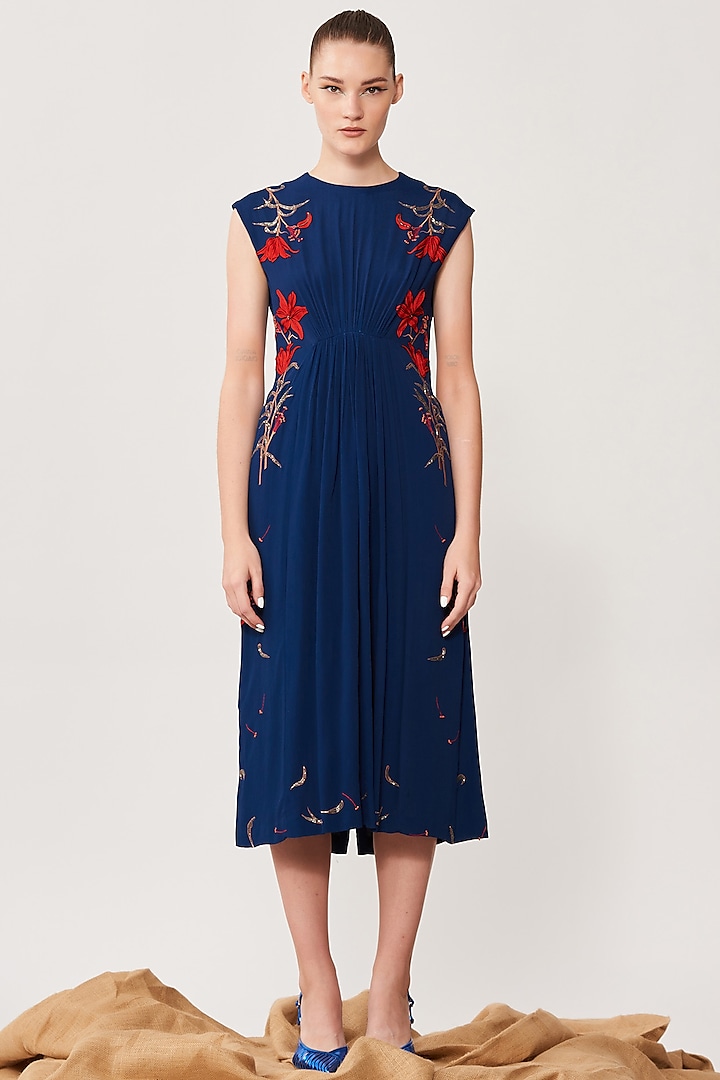 Navy Blue Crepe Embroidered Midi Dress by Shahin Mannan