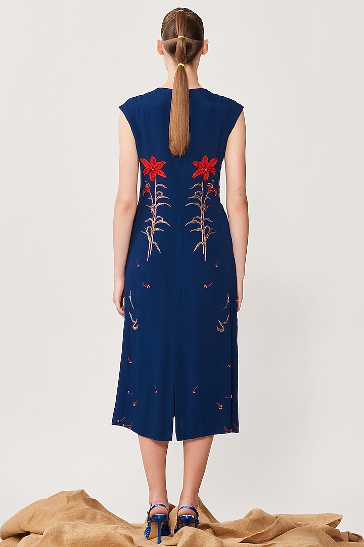 Navy Blue Crepe Embroidered Midi Cocktail Dress by Shahin Mannan at Pernia's Pop Up Shop