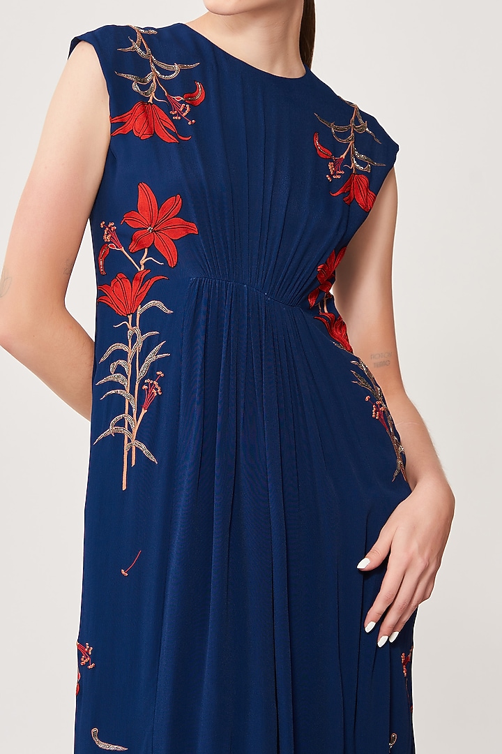 Navy Blue Crepe Embroidered Midi Cocktail Dress by Shahin Mannan at Pernia's Pop Up Shop