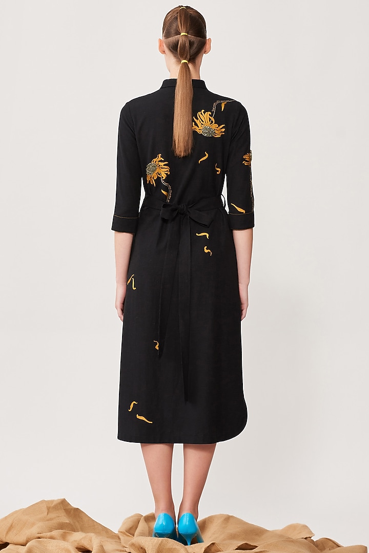 Black Linen Embroidered Cocktail Shirt Dress by Shahin Mannan at Pernia's Pop Up Shop