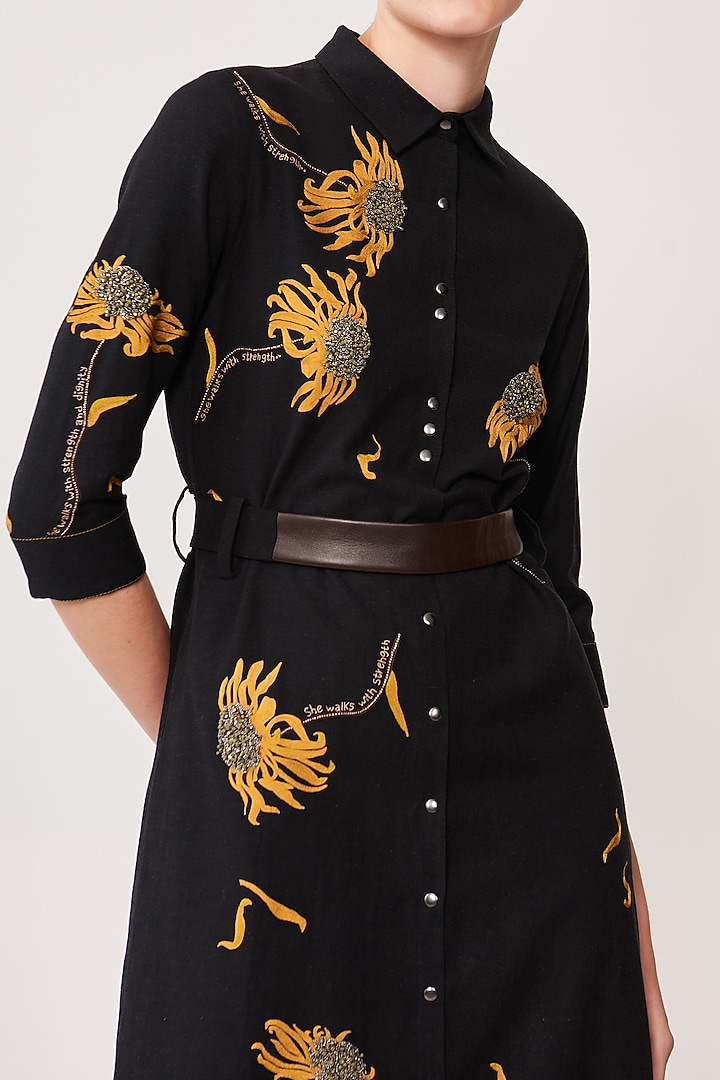 Black Linen Embroidered Cocktail Shirt Dress by Shahin Mannan at Pernia's Pop Up Shop