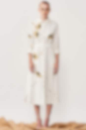 Ivory Satin Crepe Embroidered Shirt Dress by Shahin Mannan at Pernia's Pop Up Shop