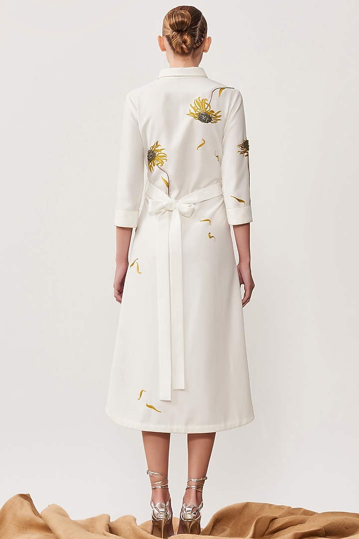 Ivory Satin Crepe Embroidered Cocktail Shirt Dress by Shahin Mannan at Pernia's Pop Up Shop