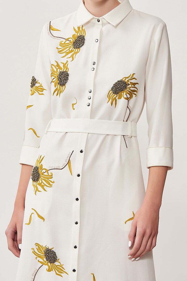 Ivory Satin Crepe Embroidered Cocktail Shirt Dress by Shahin Mannan at Pernia's Pop Up Shop