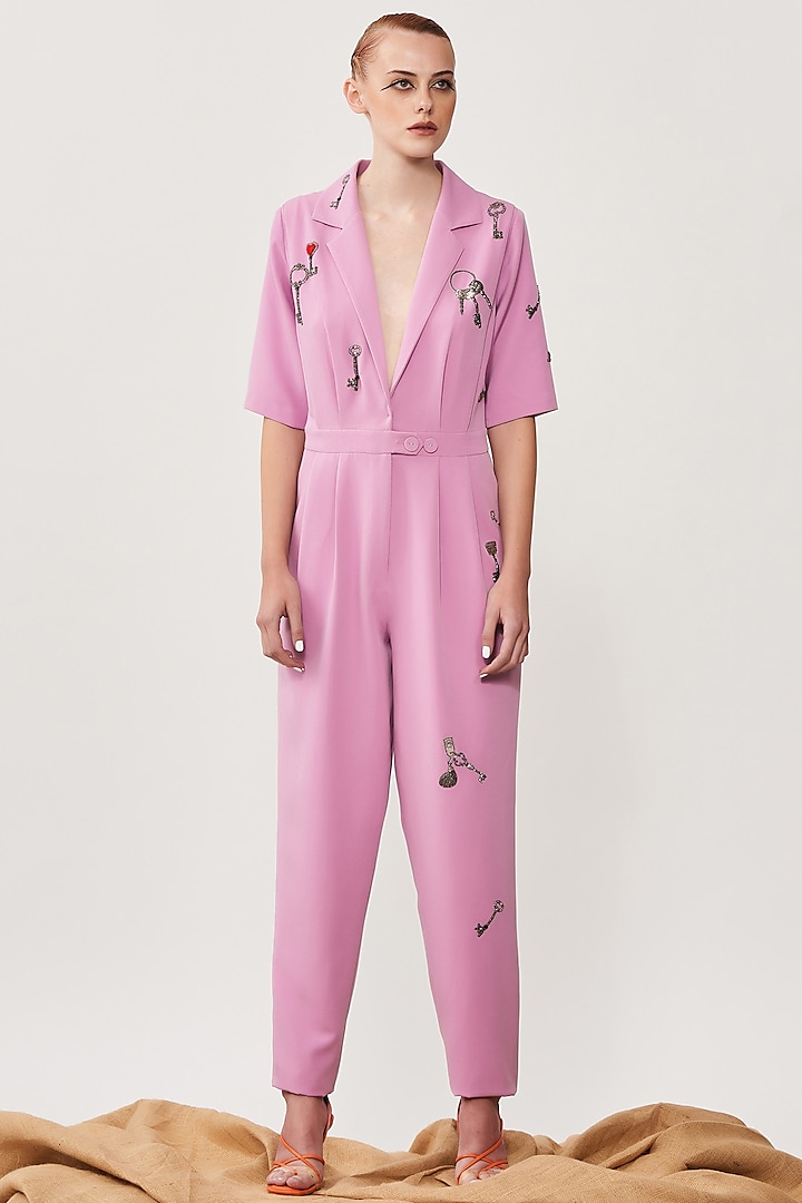 Lilac Crepe Embroidered Jumpsuit by Shahin Mannan