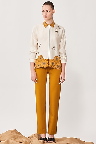 Ivory Chanderi Embroidered Boxy Shirt by Shahin Mannan