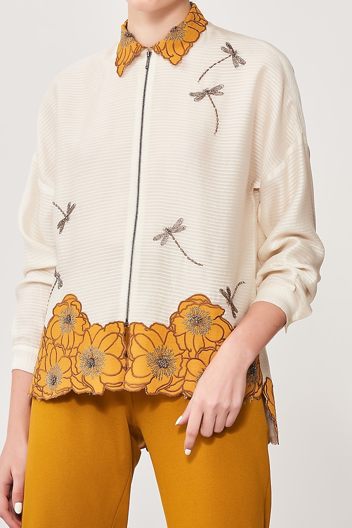 Ivory Chanderi Embroidered Boxy Shirt by Shahin Mannan at Pernia's Pop Up Shop