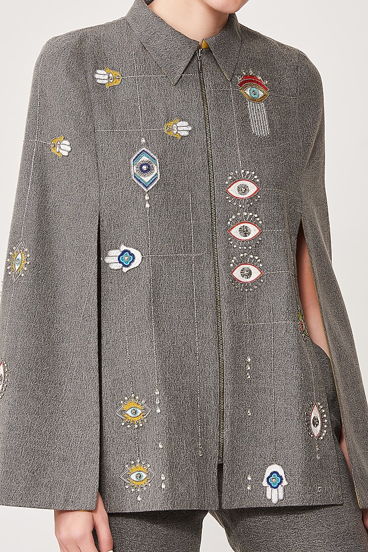 Lead Grey Hand Embroidered Cape by Shahin Mannan at Pernia's Pop Up Shop