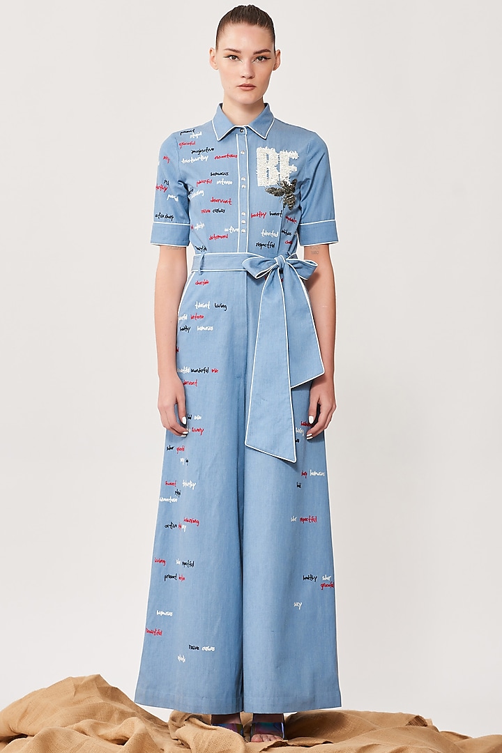 Blue Denim Embroidered Jumpsuit by Shahin Mannan at Pernia's Pop Up Shop