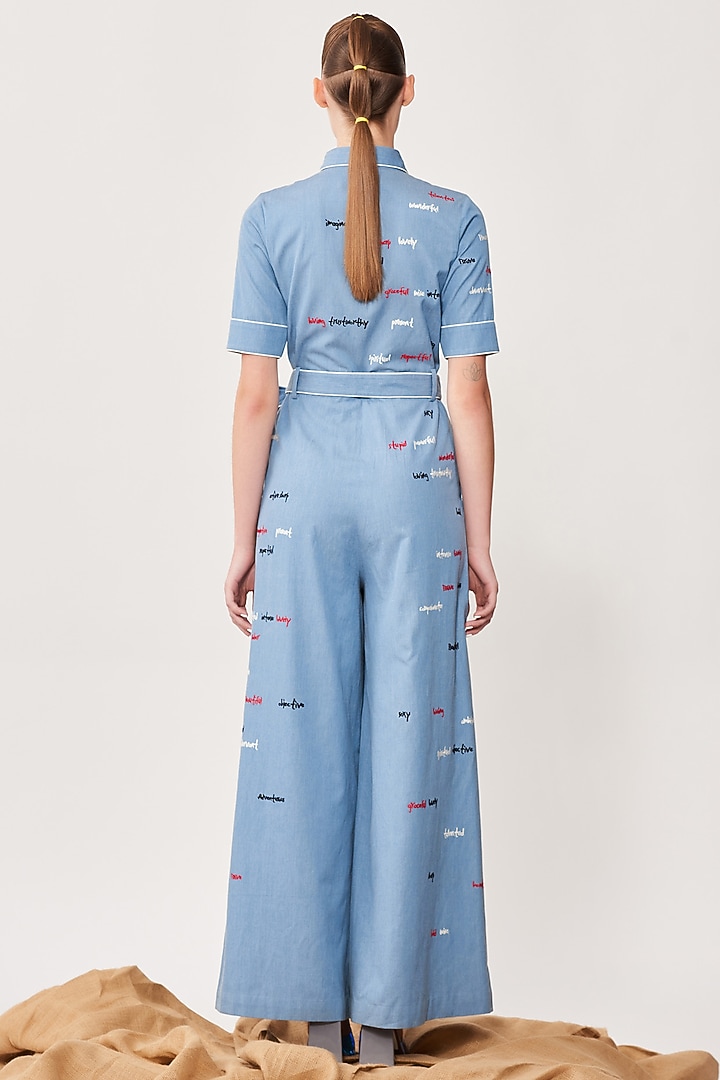 Blue Denim Embroidered Jumpsuit by Shahin Mannan at Pernia's Pop Up Shop