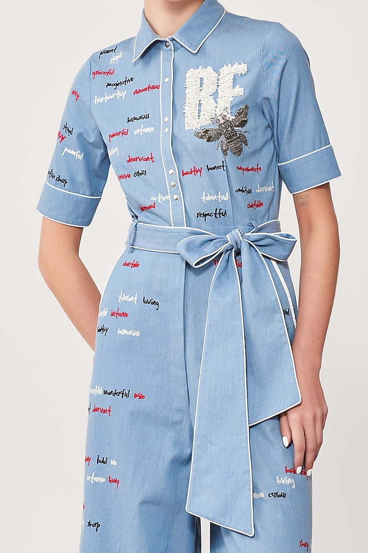 Blue Denim Embroidered Jumpsuit by Shahin Mannan at Pernia's Pop Up Shop