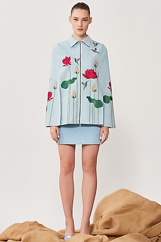 Sky Blue Thick Washed Denim Skirt Set by Shahin Mannan